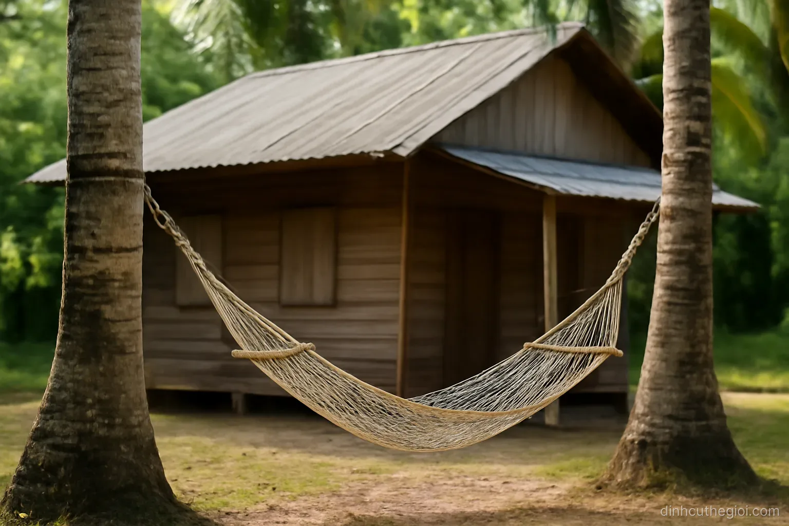 a hammock strung between two palm trunks beside a simple wooden house with a corrugated roof