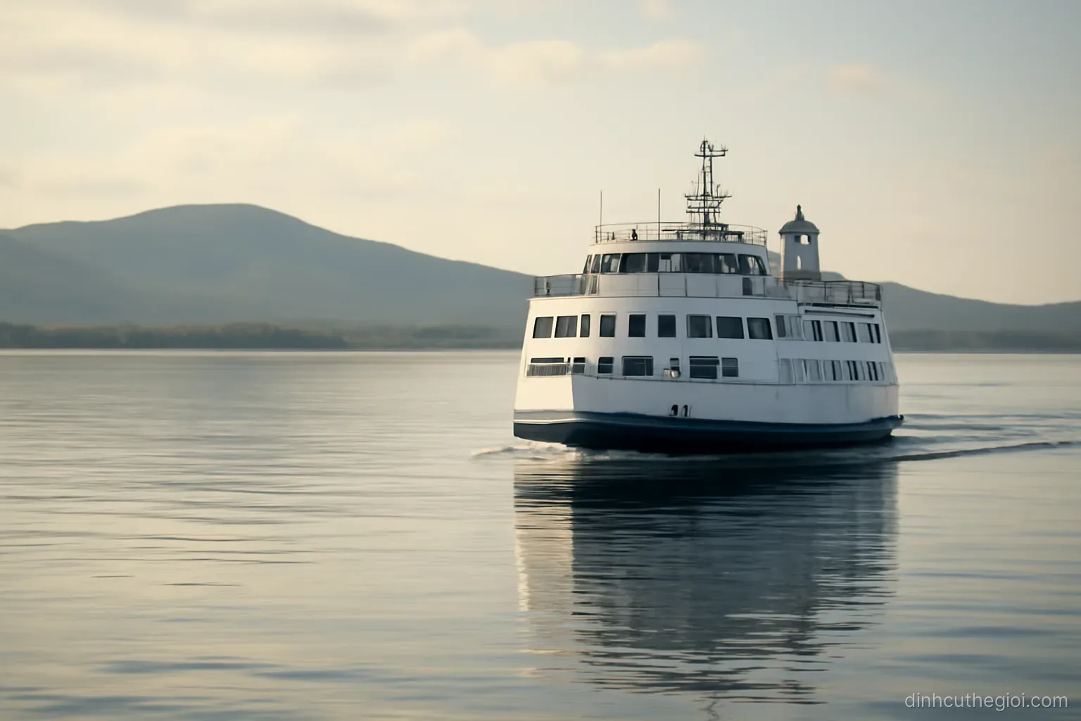 a ferry moving slowly across calm water toward a low coastline with hills rising behind it