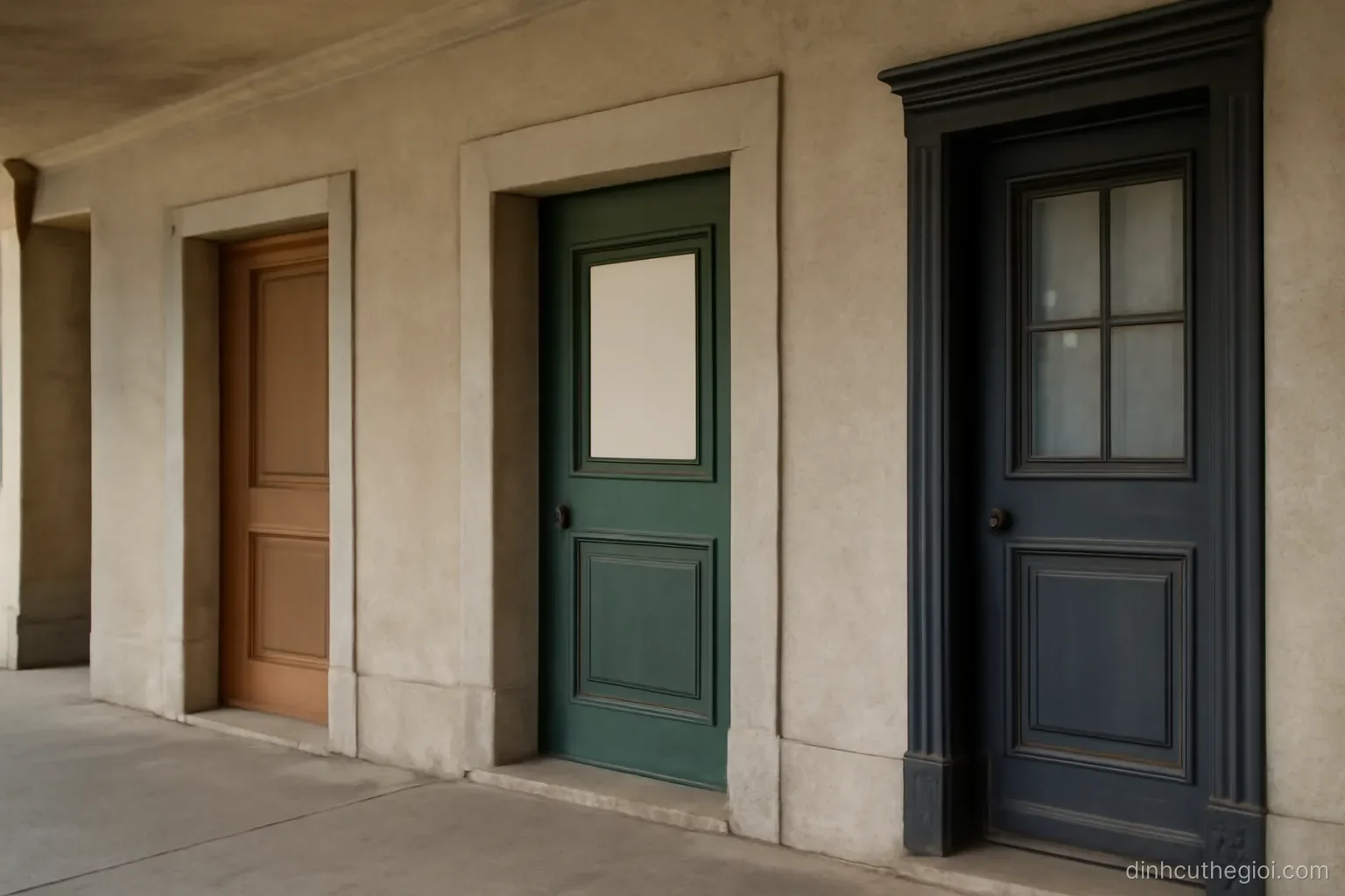 three separate doorways along a covered walkway, each with a different style of entrance and frame