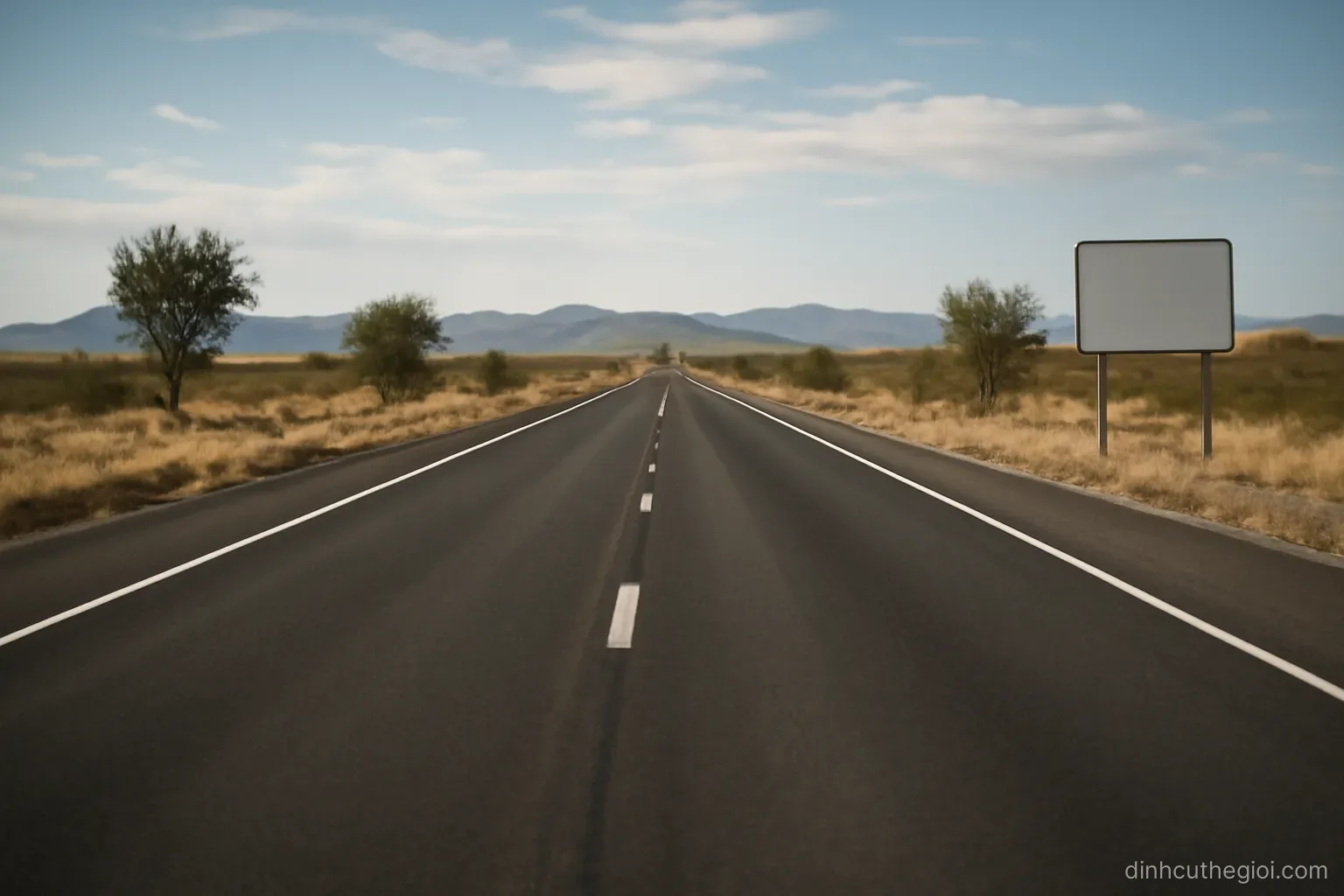 a wide highway stretching toward distant low mountains under an open sky with sparse roadside trees