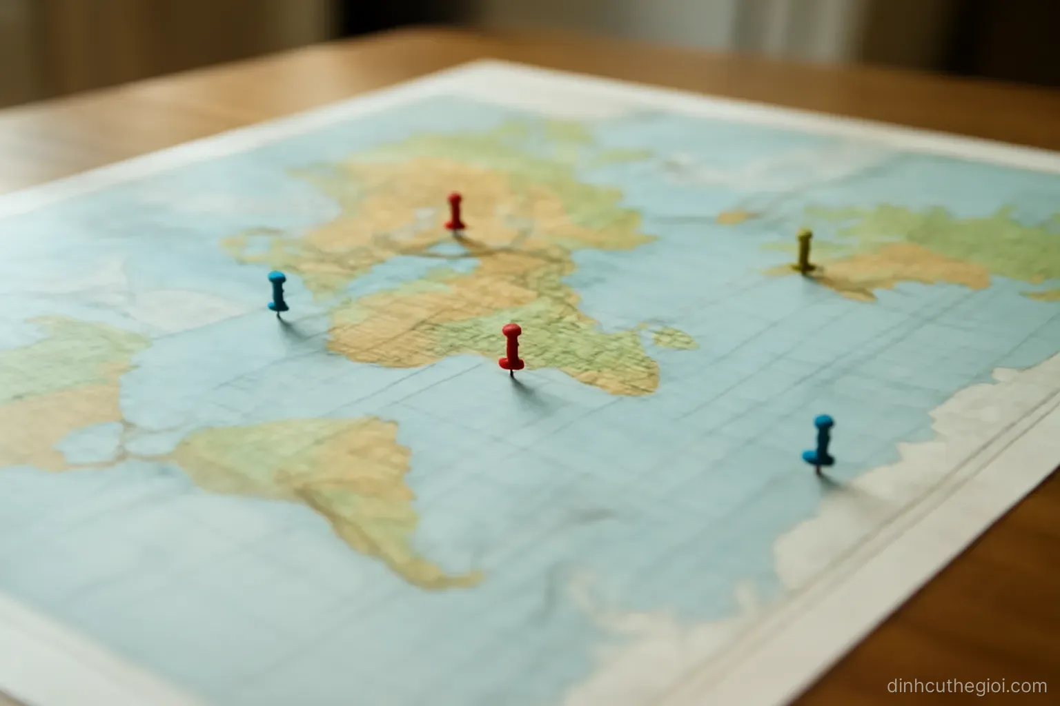 a large world map spread flat on a table with several small markers placed at different locations