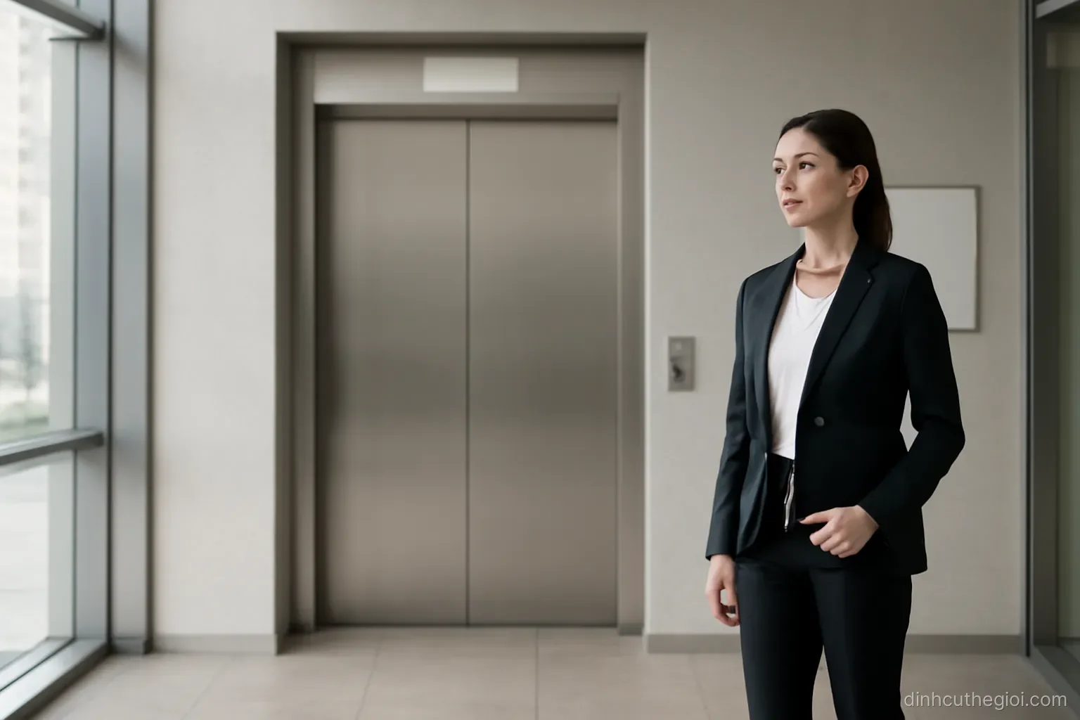an office lobby with a lift door closed and a person standing to one side holding a folder
