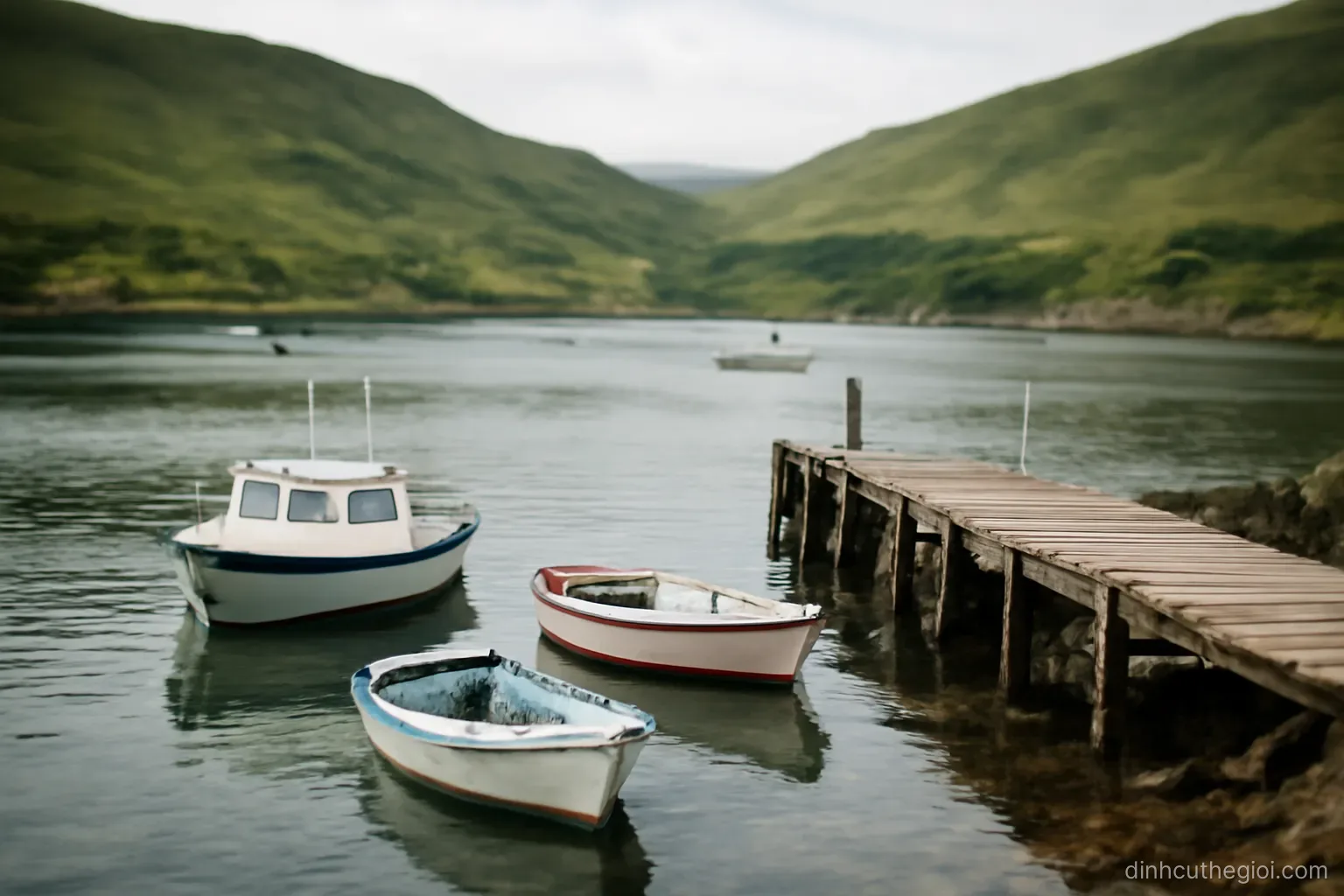 a small harbour with a few moored boats, a wooden jetty and low green hills rising behind the water