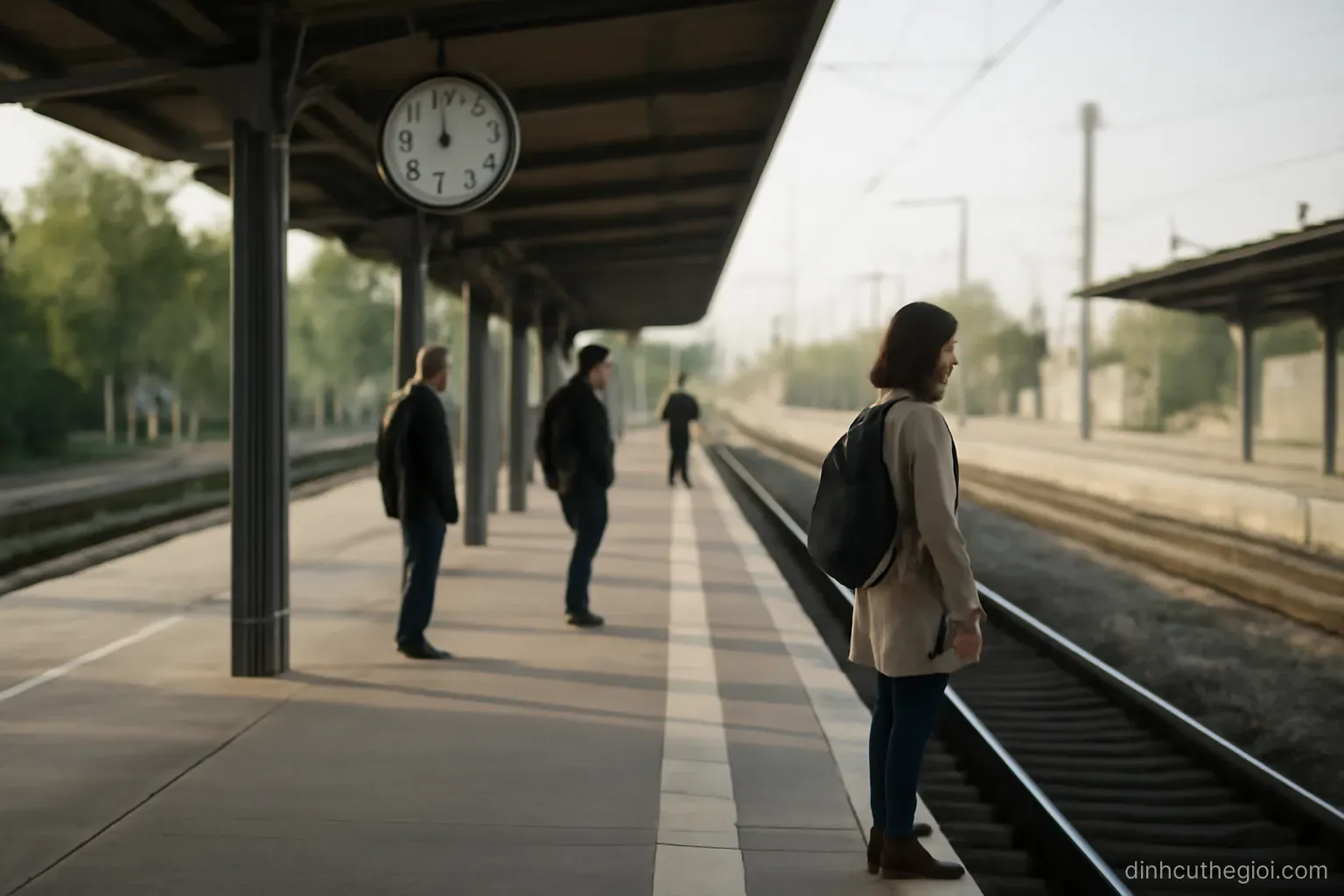 a train platform with a clock above it and a few people waiting at marked positions along the edge