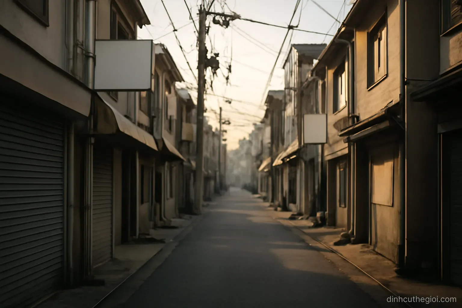 a narrow street of low buildings with overhead cables and shop signs, seen in early morning light