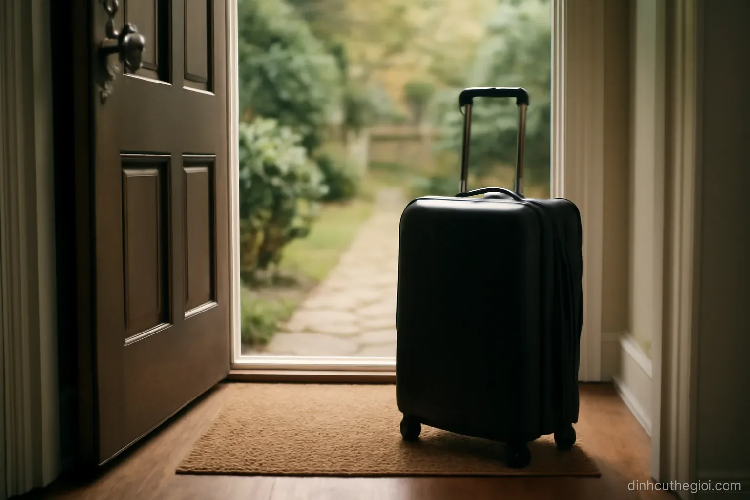 a suitcase standing by an open front door with a garden path leading away toward a low gate