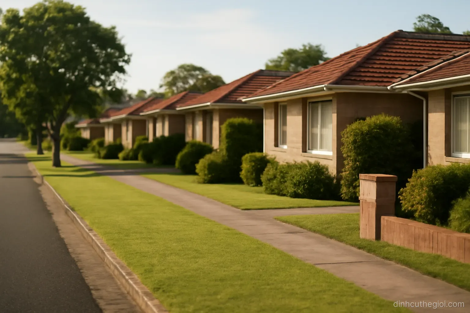 a row of single storey houses with tiled roofs along a suburban street with wide grass verges