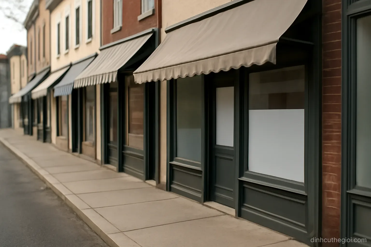 a row of small shopfronts along a quiet street with awnings out and no customers on the pavement