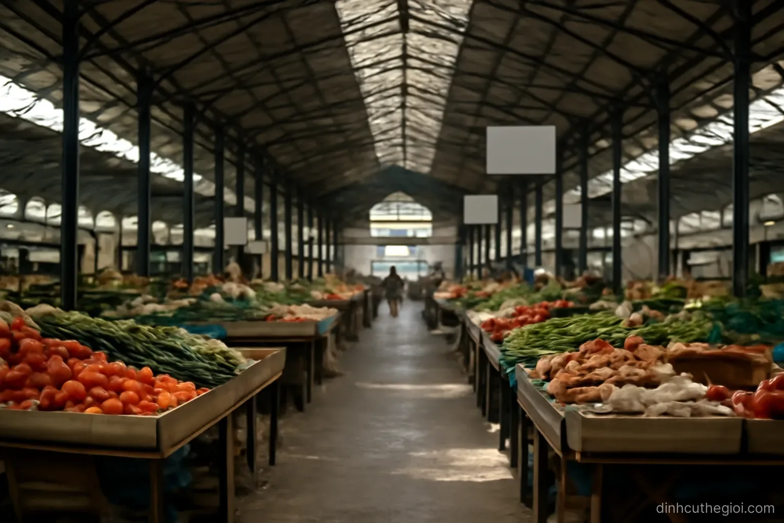 a covered market hall with rows of stalls under a high metal roof and goods stacked on tables