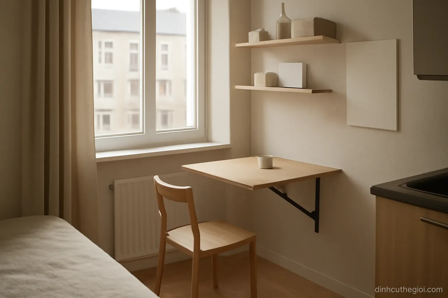 a compact apartment interior with a folding table, wall shelves and a window looking onto other buildings