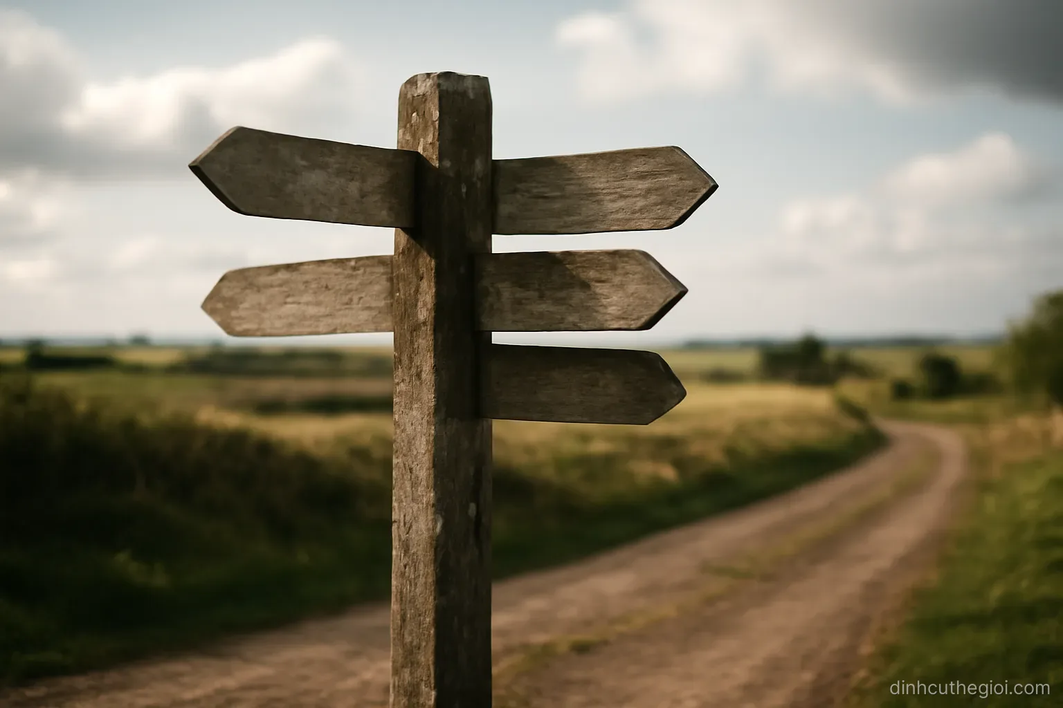 a weathered signpost at a crossroads in open countryside with several arms pointing different directions