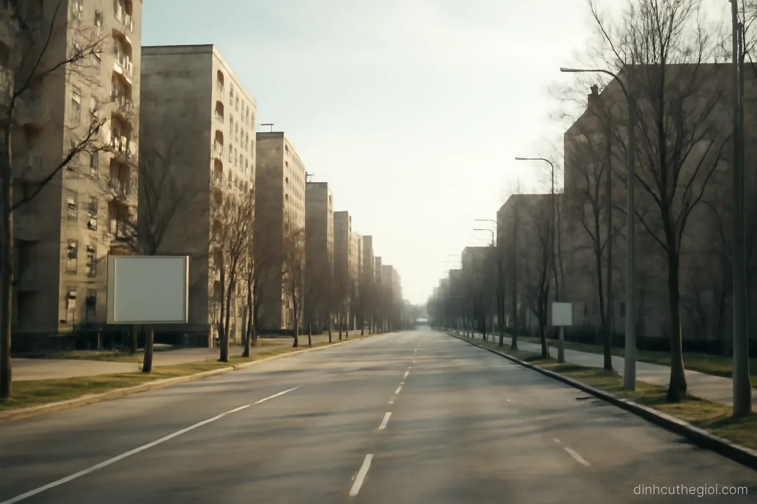 a wide city boulevard lined with tall plain apartment blocks and bare trees along the pavement