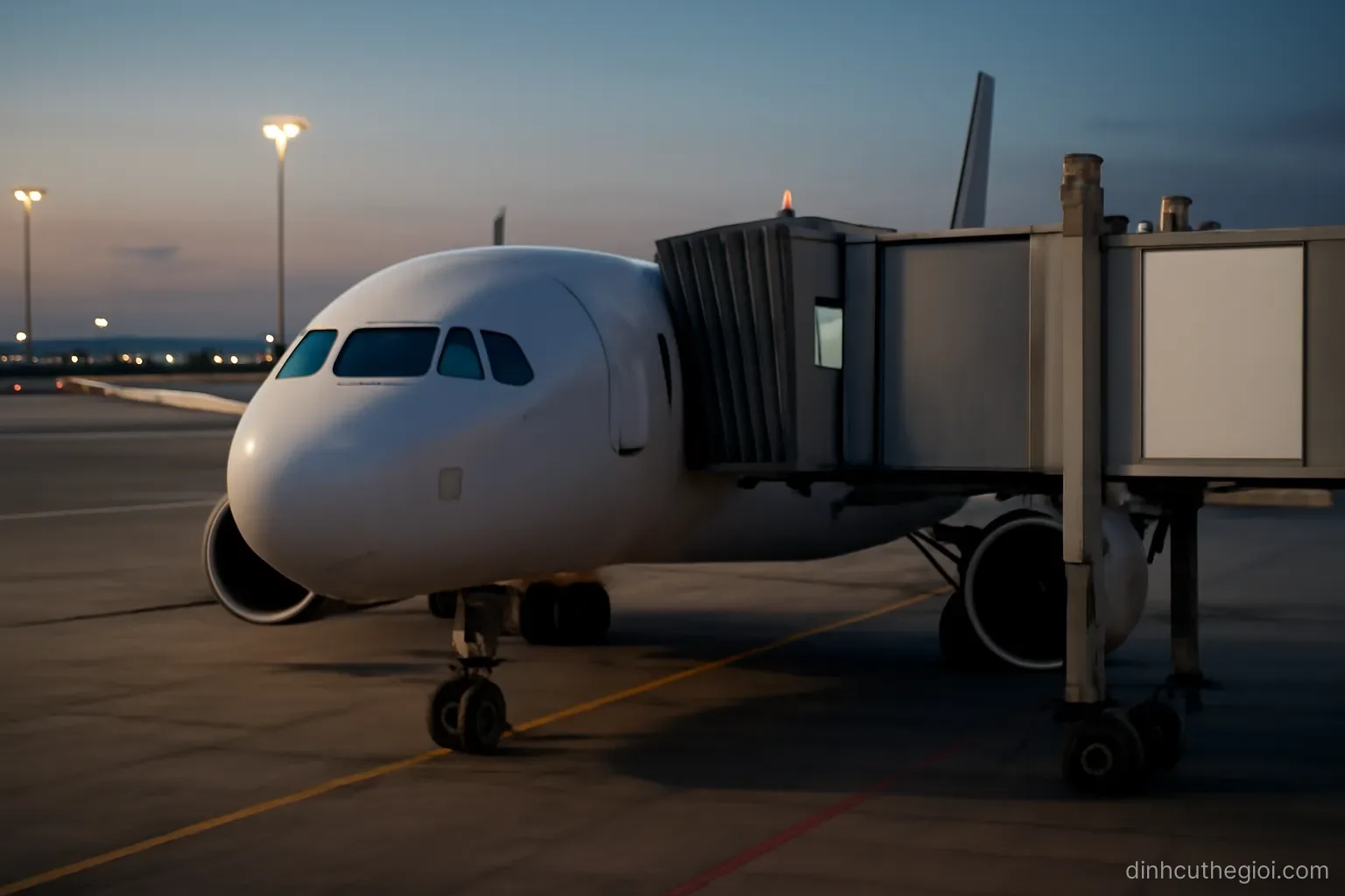 a short haul aircraft parked at a jet bridge in the early evening with airport lights coming on