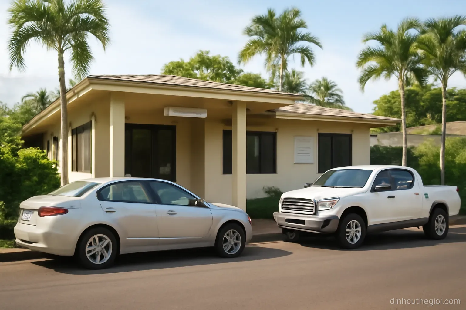 a small clinic building with a covered entrance and two parked vehicles on a quiet tropical street