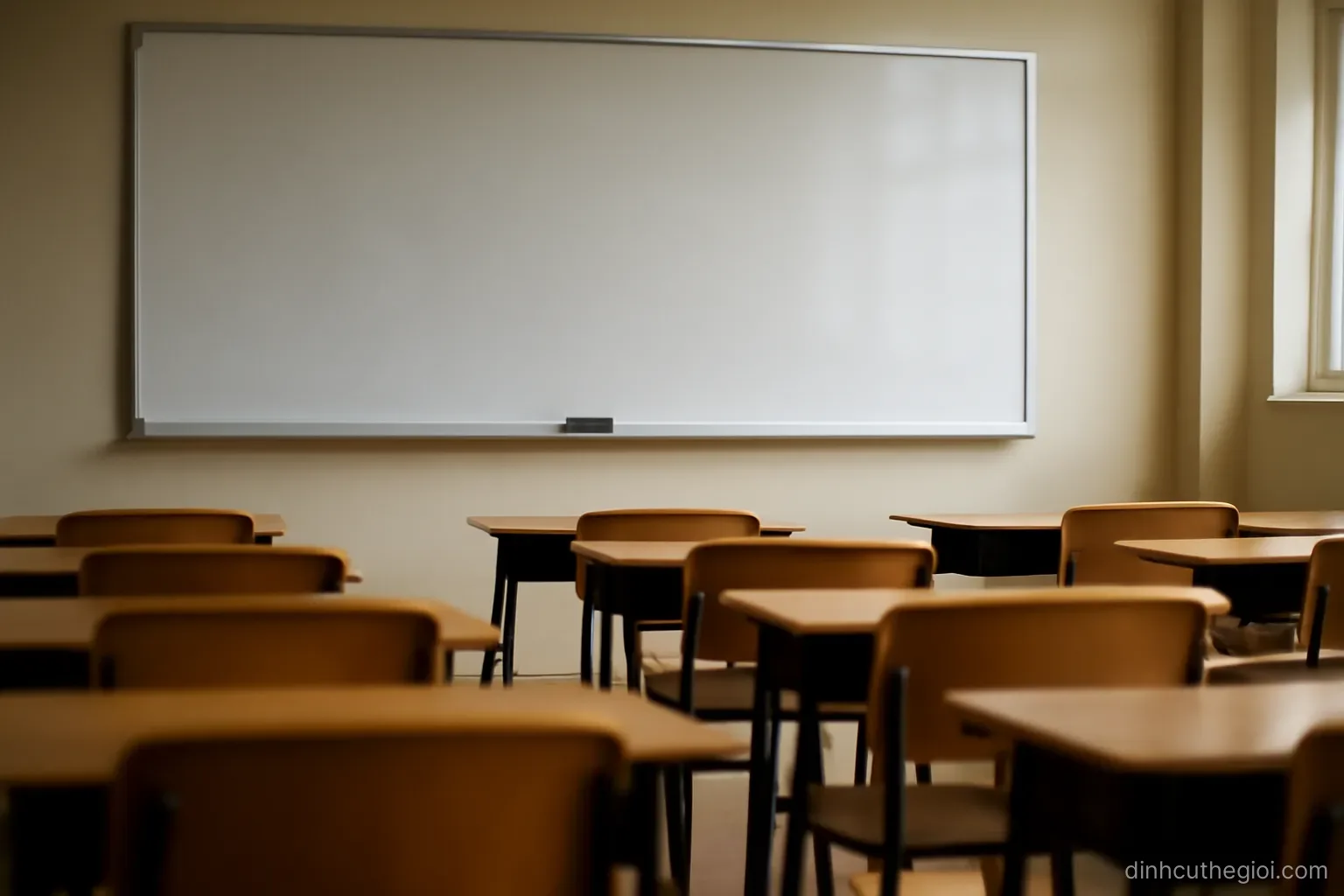 a classroom whiteboard wiped clean with a marker on the ledge and rows of empty desks facing it