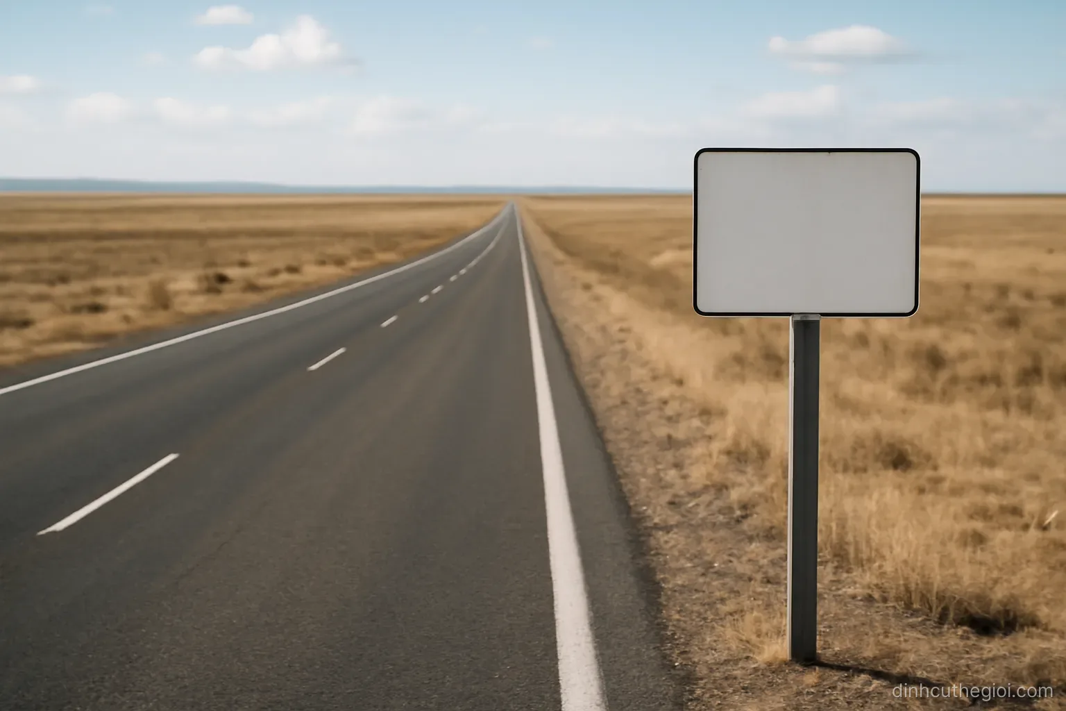 a long straight road crossing an open plain with a simple boundary marker standing at the roadside