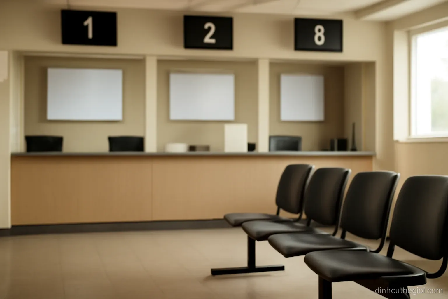 a public service counter with numbered ticket display above it and a row of chairs for waiting