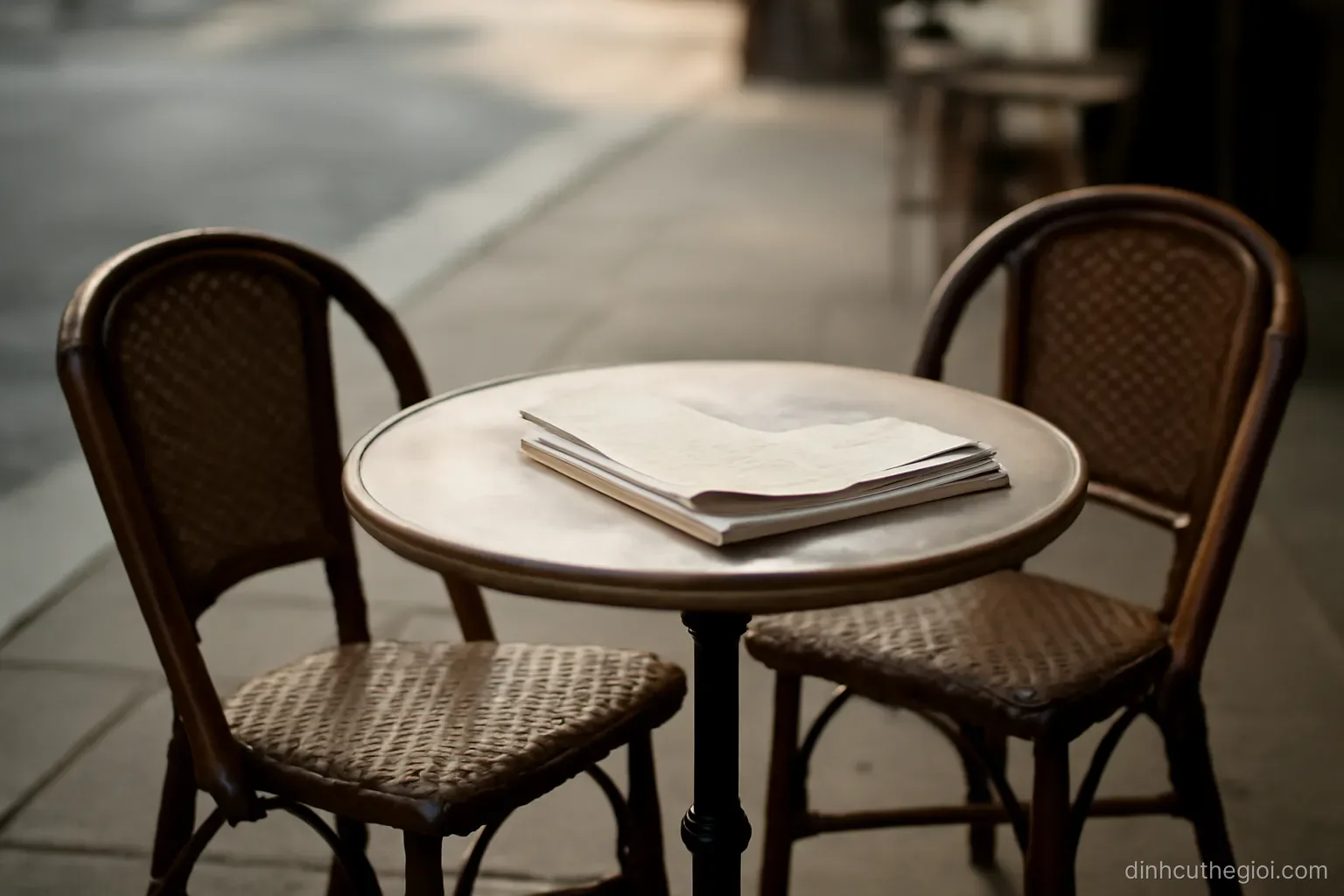 a small round table at a pavement cafe with two empty chairs and a folded newspaper left behind