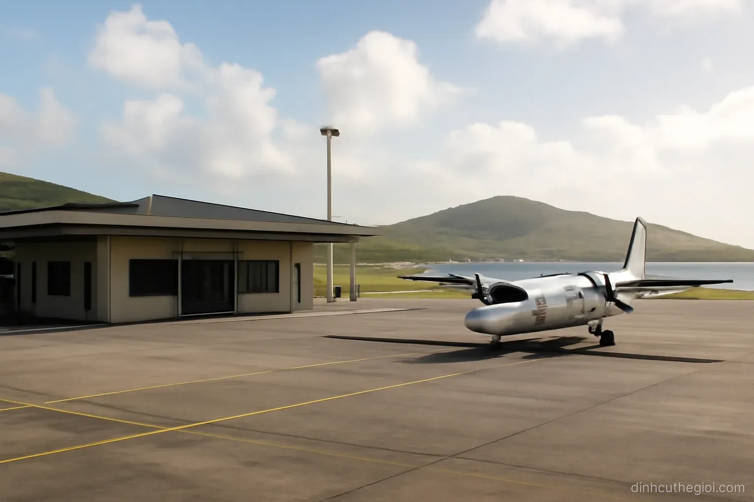 a small island airport terminal with a single aircraft on the apron and low hills behind the runway