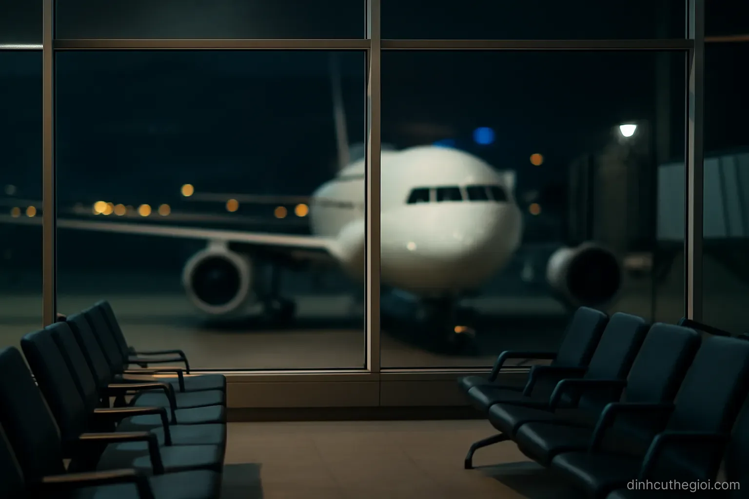 a departure lounge window at night with an aircraft parked outside and empty seats facing the glass