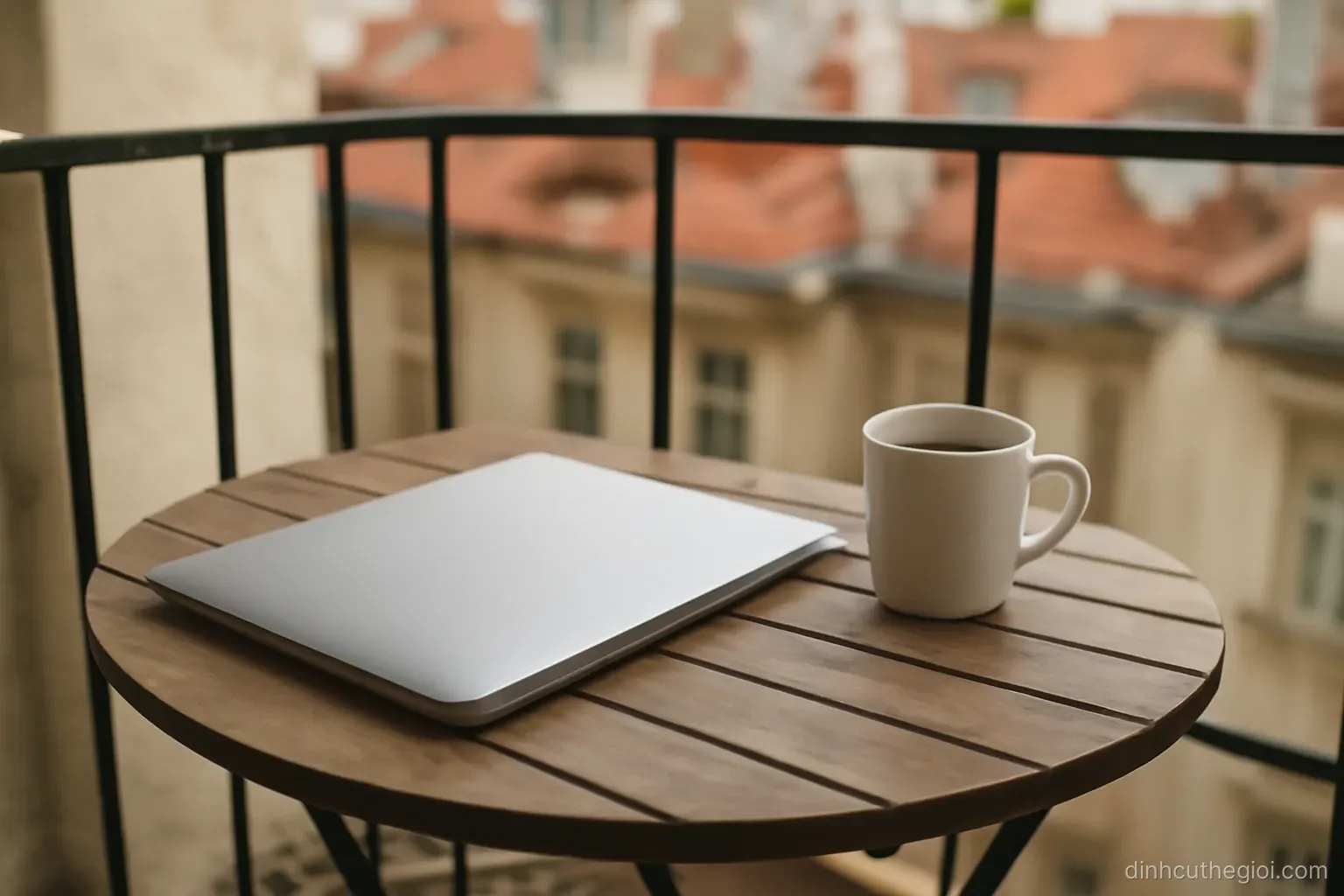 a laptop closed on a small balcony table with a coffee cup beside it and rooftops beyond the railing