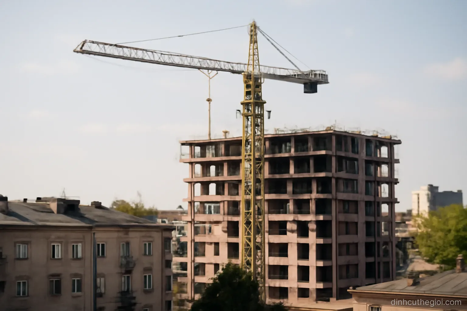 a construction crane standing over half finished apartment blocks with older low buildings nearby