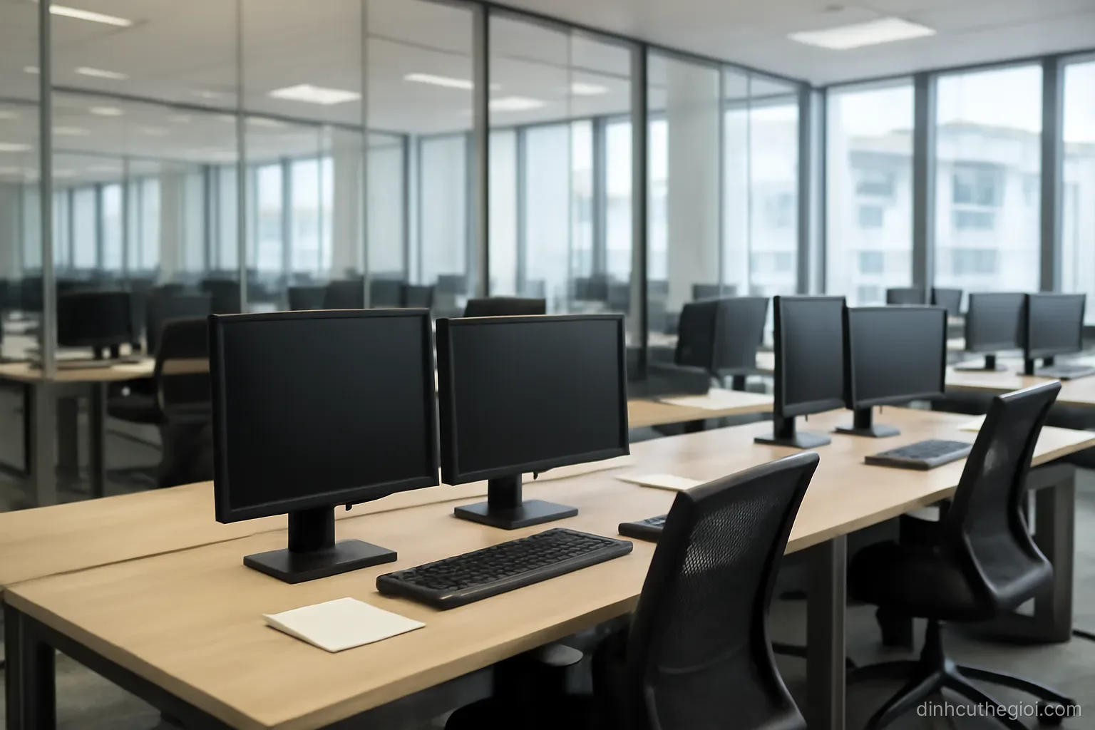an open plan office with rows of empty desks, dual monitors switched off and glass partitions between areas