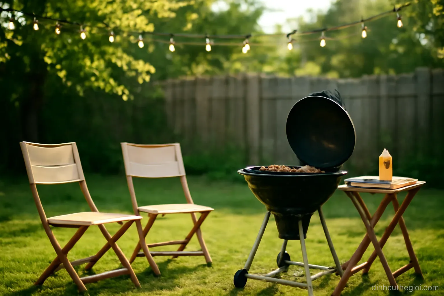 a backyard barbecue set up with folding chairs under bright summer sun and a string of small lights