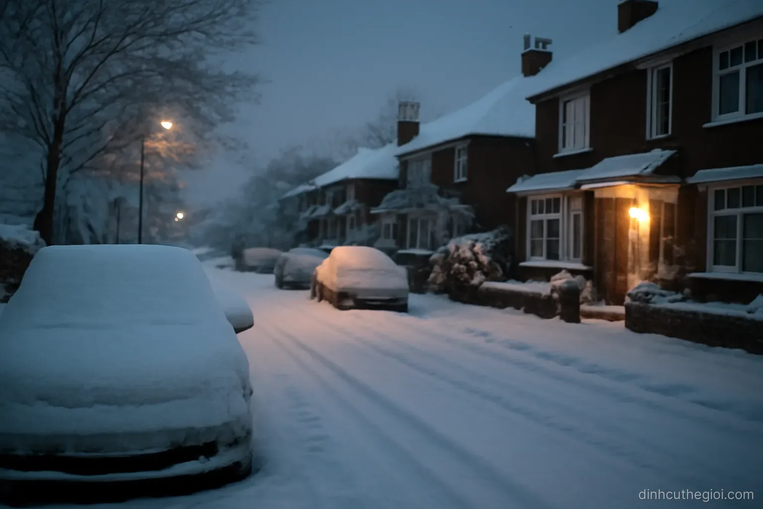 a snow covered residential street at dusk with cars buried at the kerb and a single porch light on