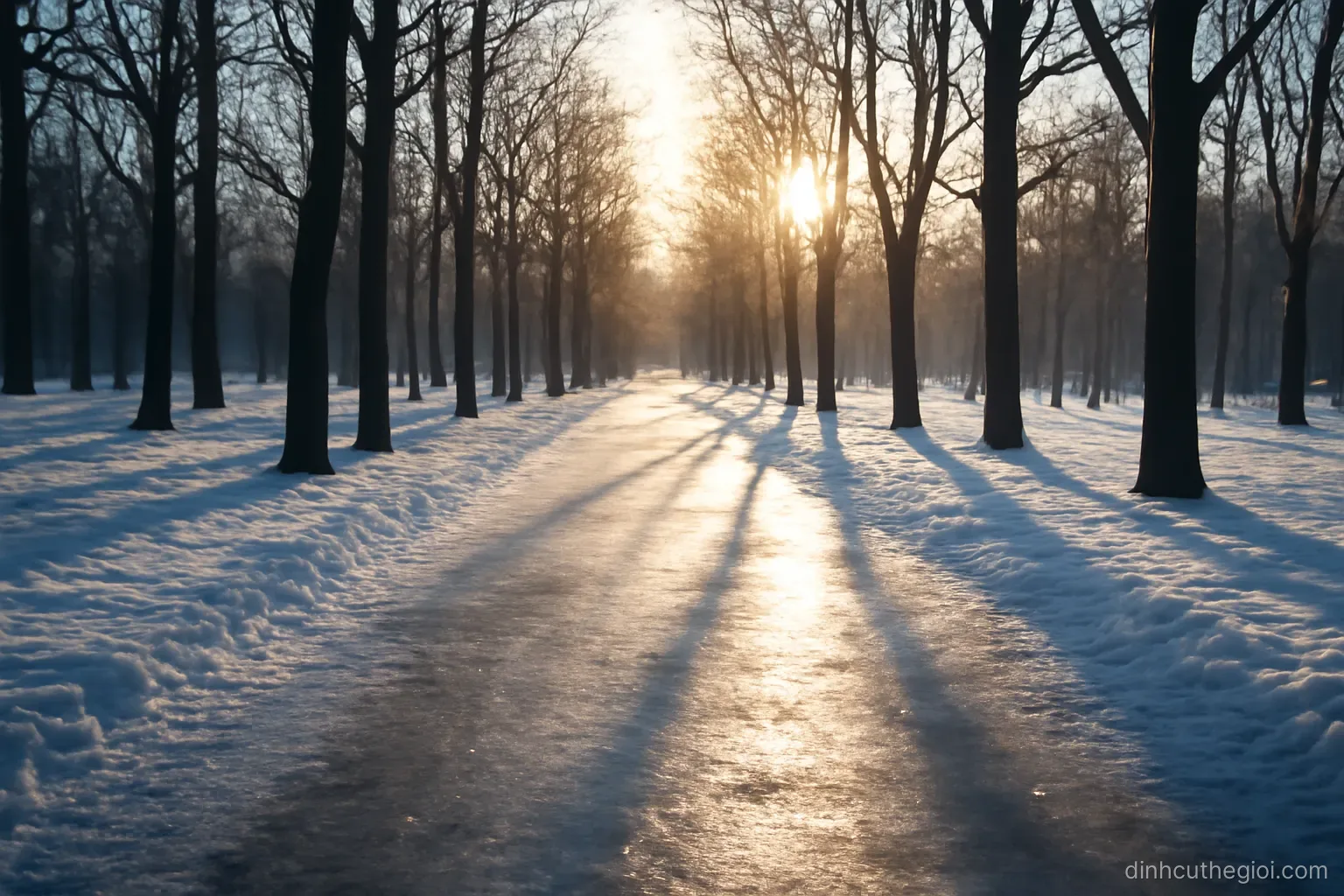 a frozen park path with bare trees on both sides and low winter sun casting long shadows across the snow