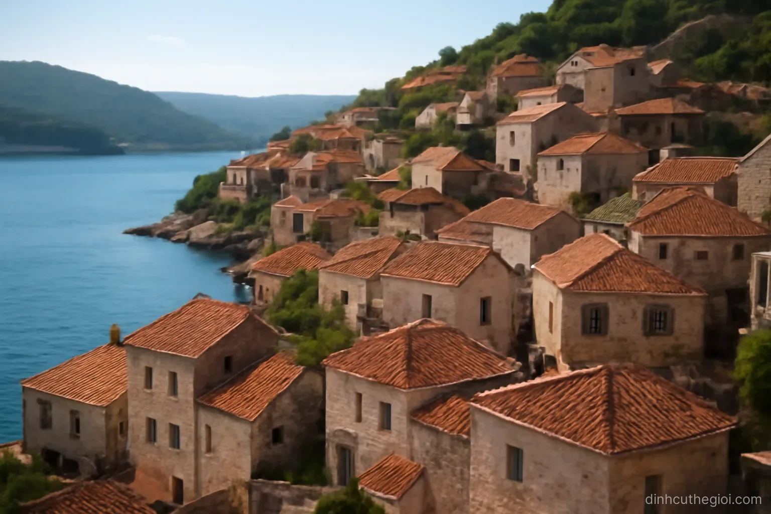 a hillside of pale stone houses with terracotta roofs descending toward a calm blue bay in daylight