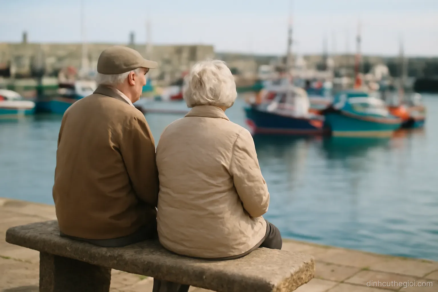two elderly people seated on a stone bench overlooking a harbour with fishing boats moored below