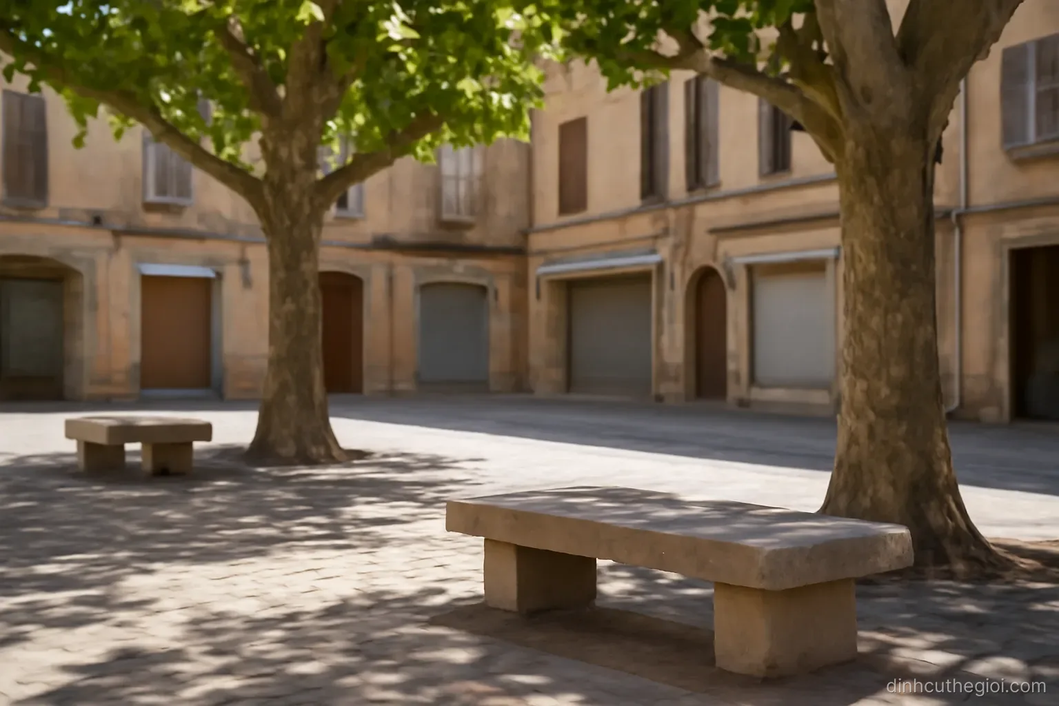 a town square with stone benches under plane trees and shuttered shops in the early afternoon heat