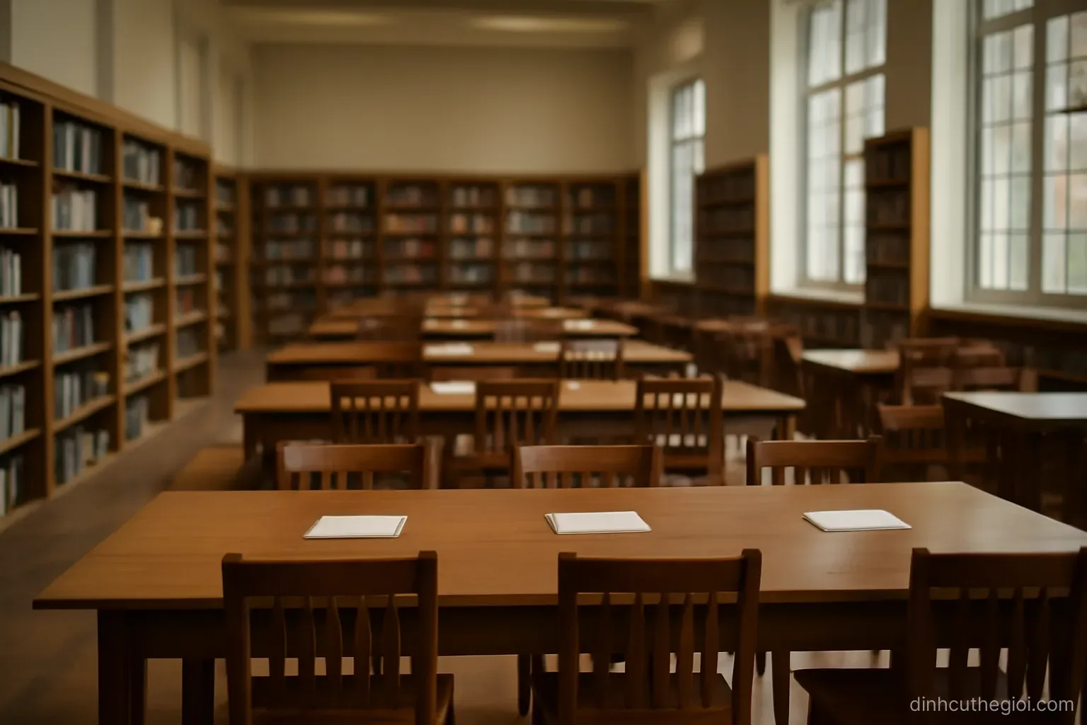 a public library reading room with long tables, shelves along the walls and every chair unoccupied
