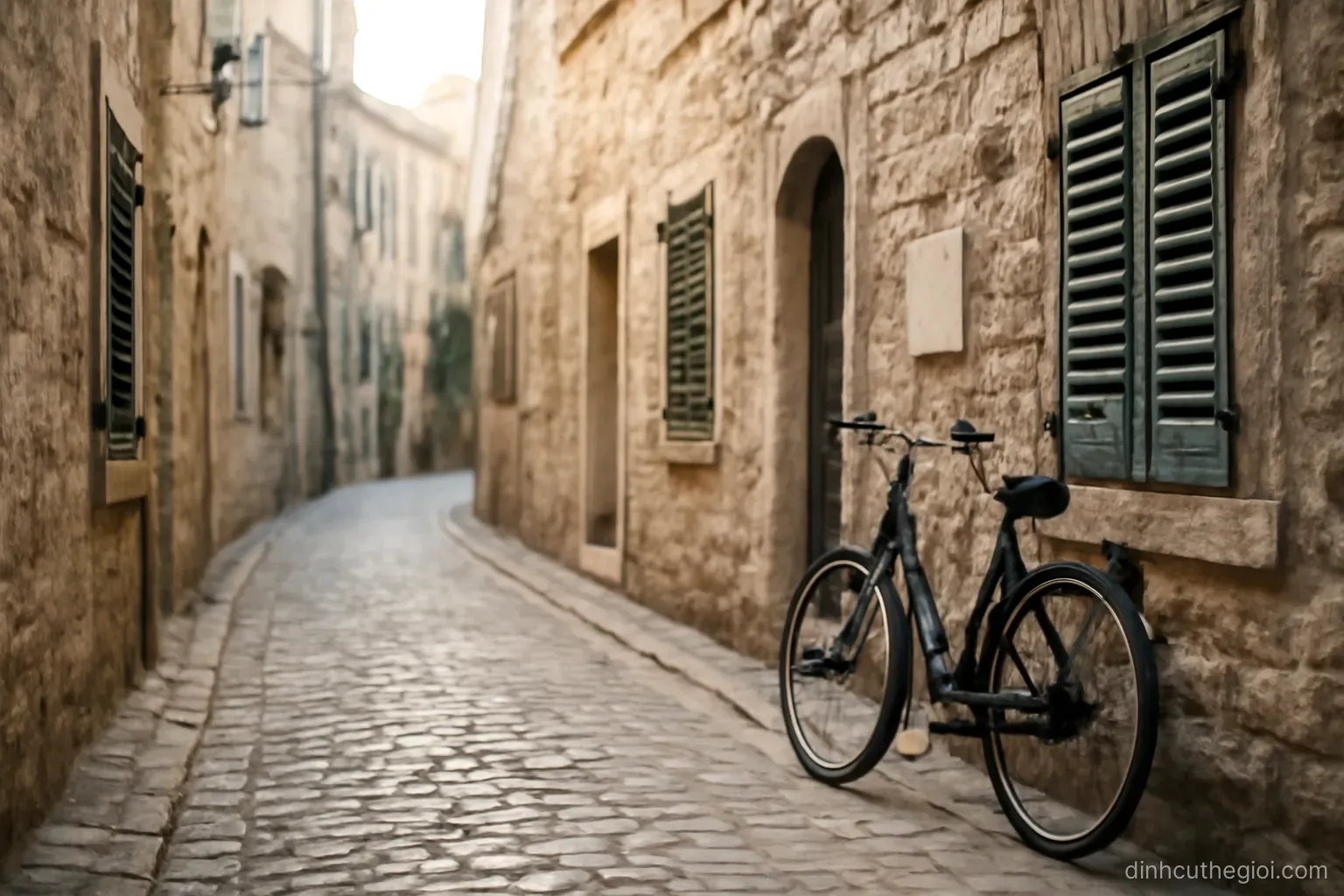 a narrow cobbled street between old stone buildings with shuttered windows and a bicycle leaning on a wall