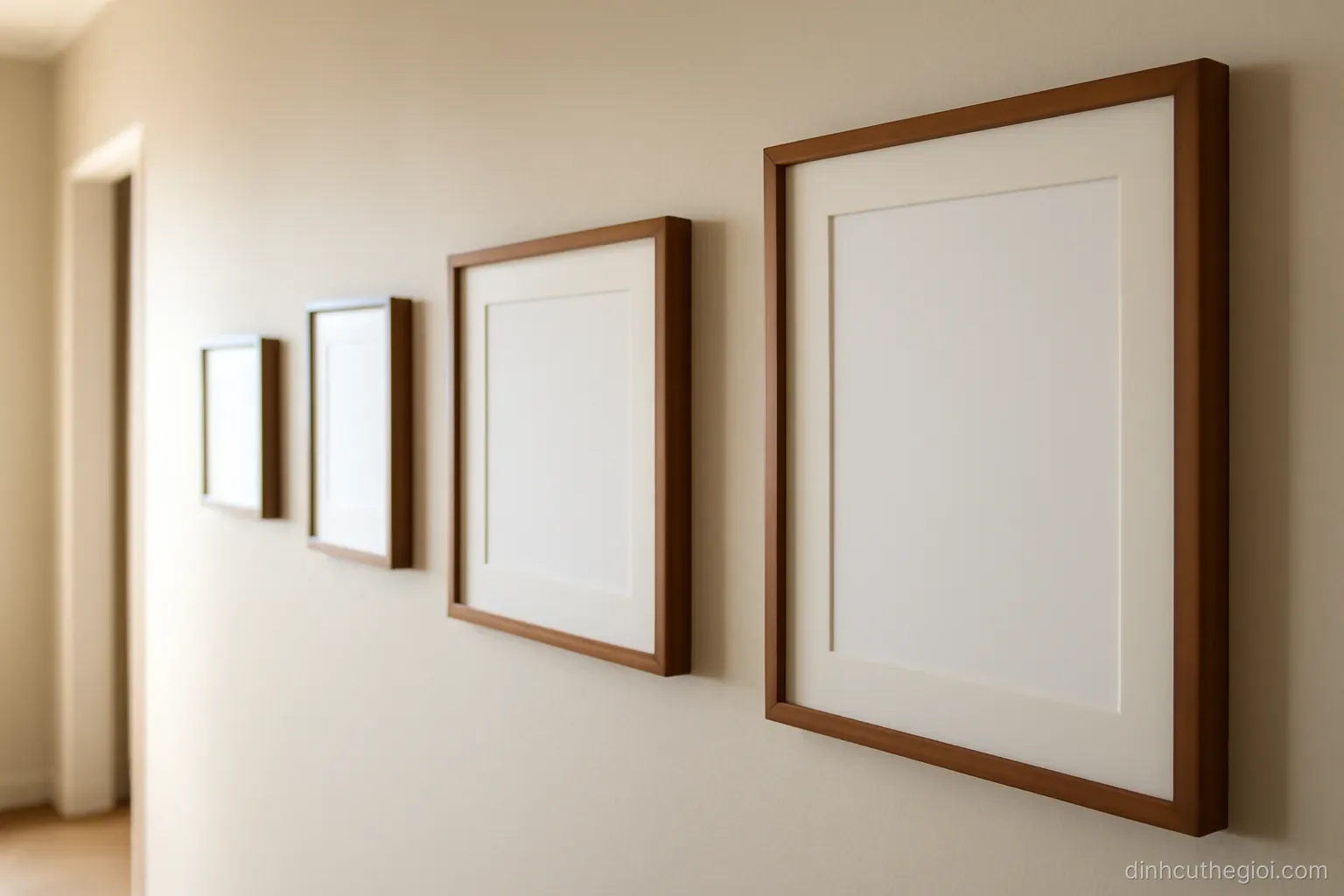 four framed photographs of different sizes hanging in a row along a plain wall in a hallway
