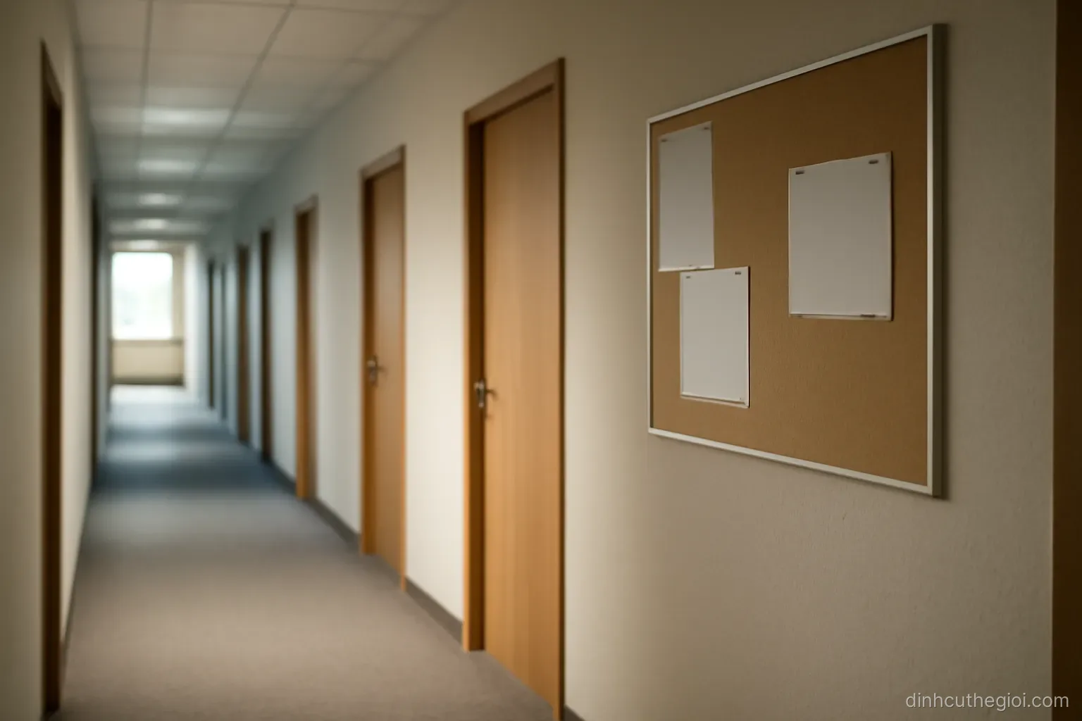 an office corridor with several closed doors and a noticeboard holding a few pinned sheets of paper