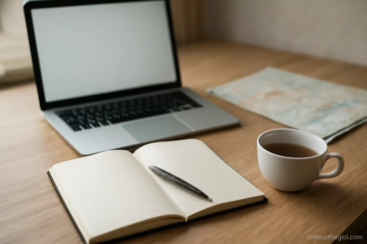 a laptop and an open notebook on a desk beside a folded map and a cup of tea gone cold