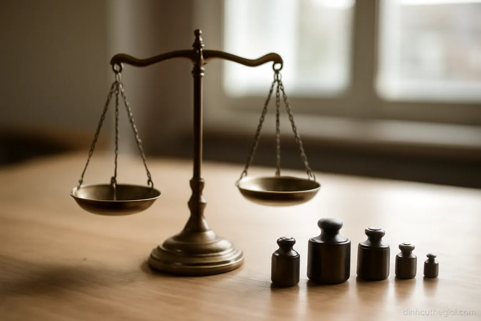 a set of balance scales on a desk with several small weights of different sizes placed beside them