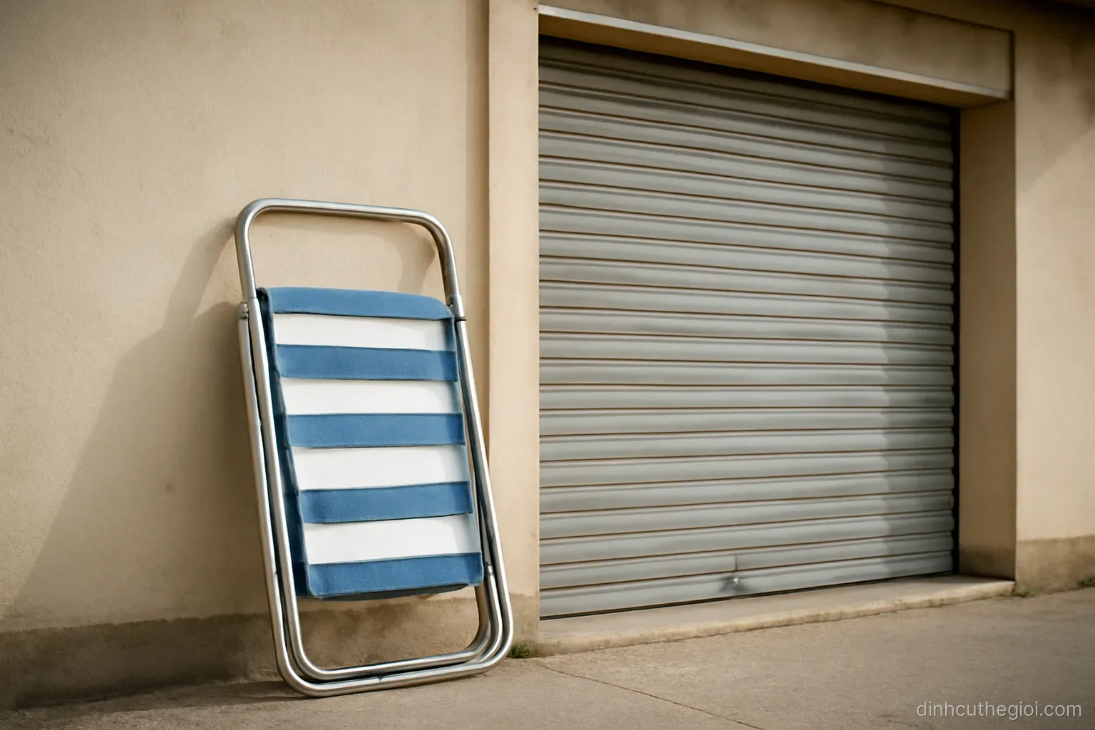 a beach chair folded and leaning against a wall beside a closed beach bar shutter in the off season