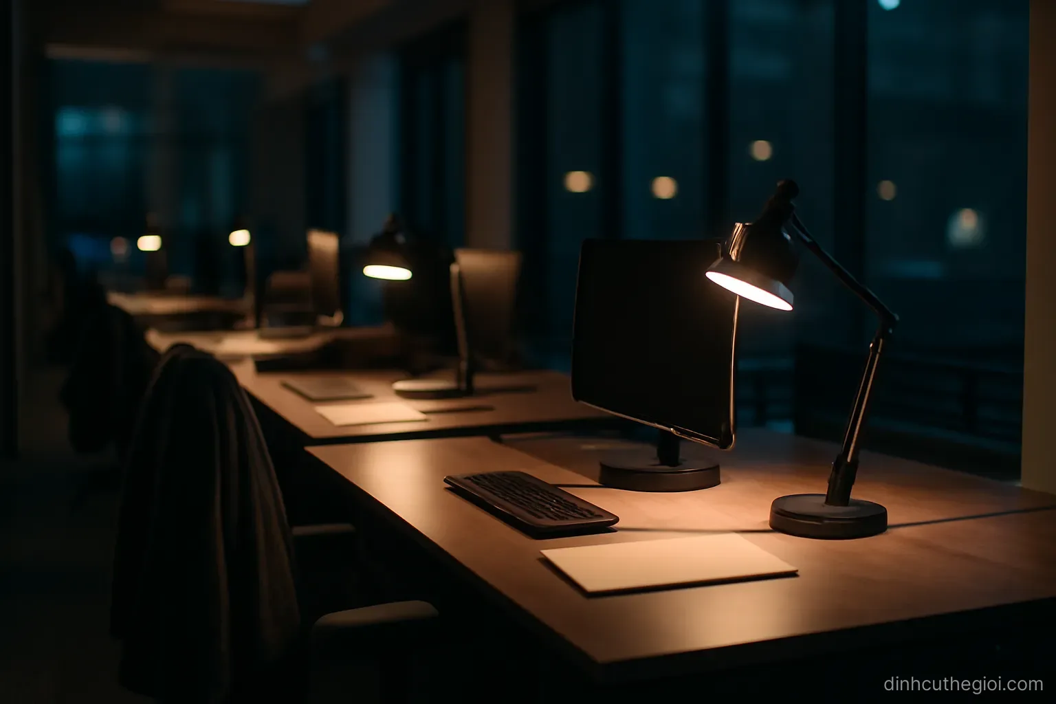 an office at night with several desk lamps still on and jackets hanging on the backs of chairs